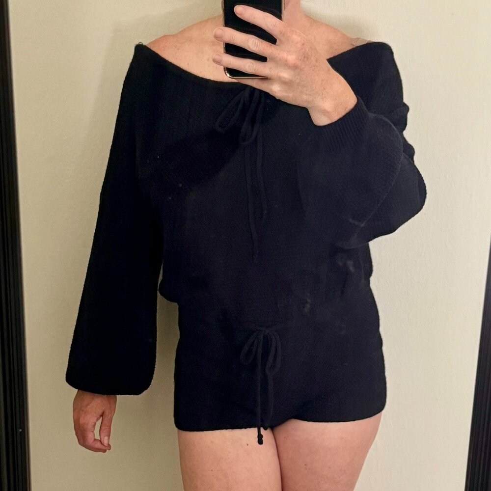 Black knit romper with long bell sleeves cozy lounge